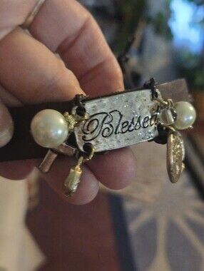 Blessed Brown Leather Charm Bracelet with Pearls